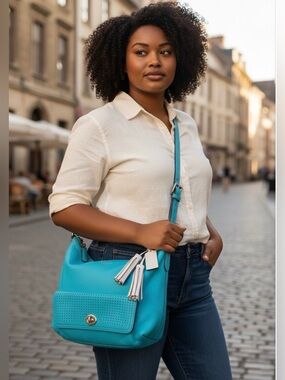 Coach Legacy Leather Shoulder Bag Courtenay Hobo Turquoise with White Tassels